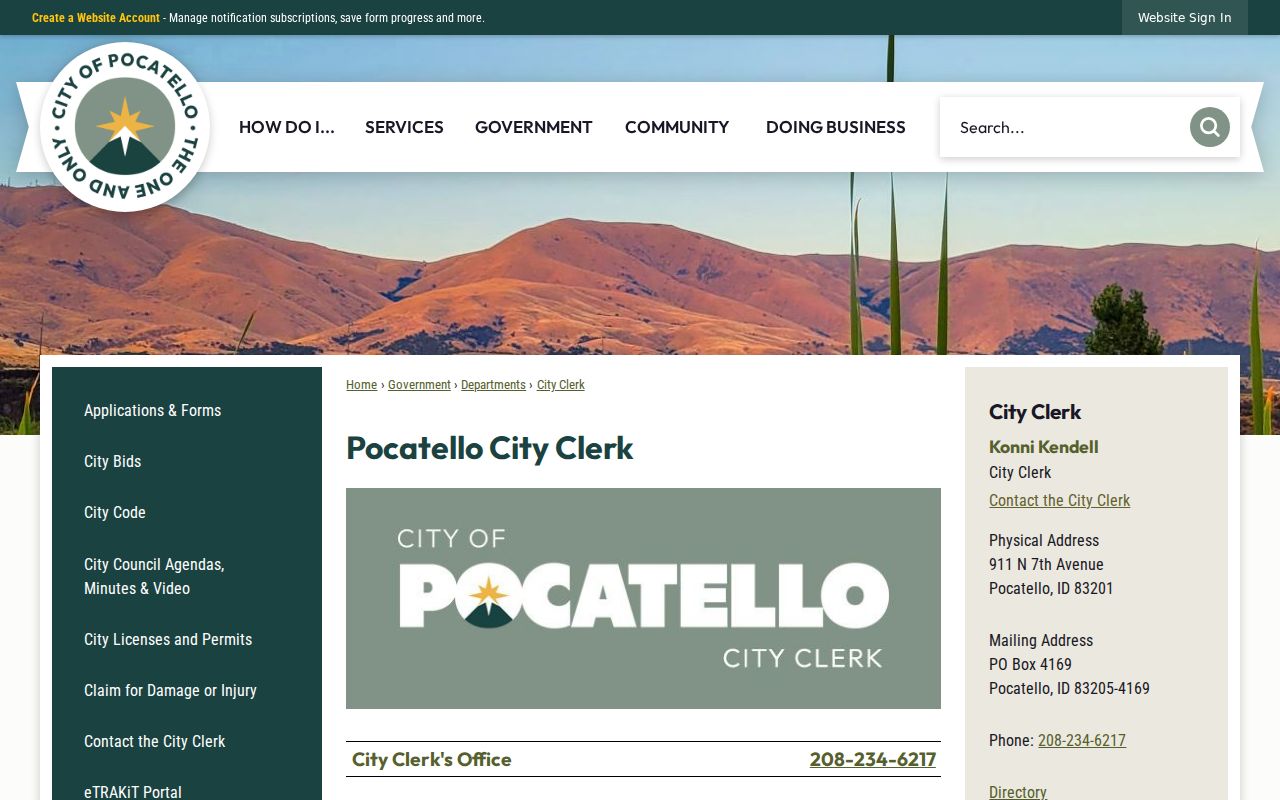 Pocatello residents directory City Clerk records